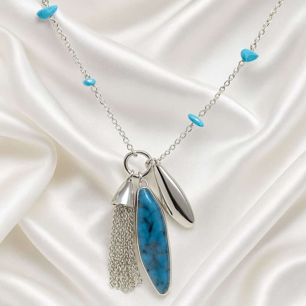 Silver Tassel Necklace with Turquoise Beads – Boho Chic Long Layering Jewelry